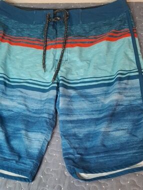Distortion Men's Blue Striped Swim Trunks size large